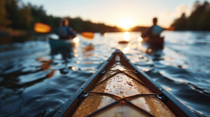 Two individuals are kayaking during sunset on calm waters, creating a peaceful and reflective atmosphere that exudes a sense of tranquility and connection with nature.