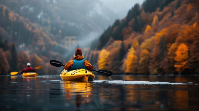 Two kayakers enjoy paddling through a mist-covered lake lined with autumn foliage, creating a peaceful and serene experience surrounded by the beautiful colors of fall.