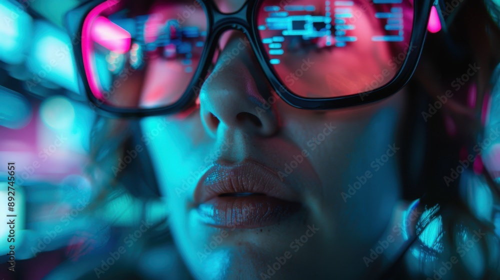 Poster an abstract image featuring a vibrant, futuristic digital display with bright neon lights and colorf