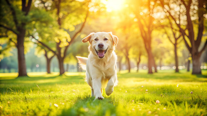 Happy dog running in sunny park