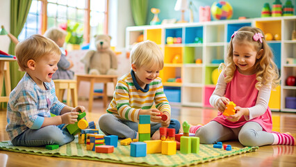 Fototapeta premium Children playing with colorful blocks in bright playroom