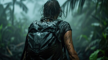 Obraz premium An individual treks through a lush, rainy jungle, with wet clothes and a soaked backpack, enveloped by dense tropical foliage and an adventurous, raw atmosphere.