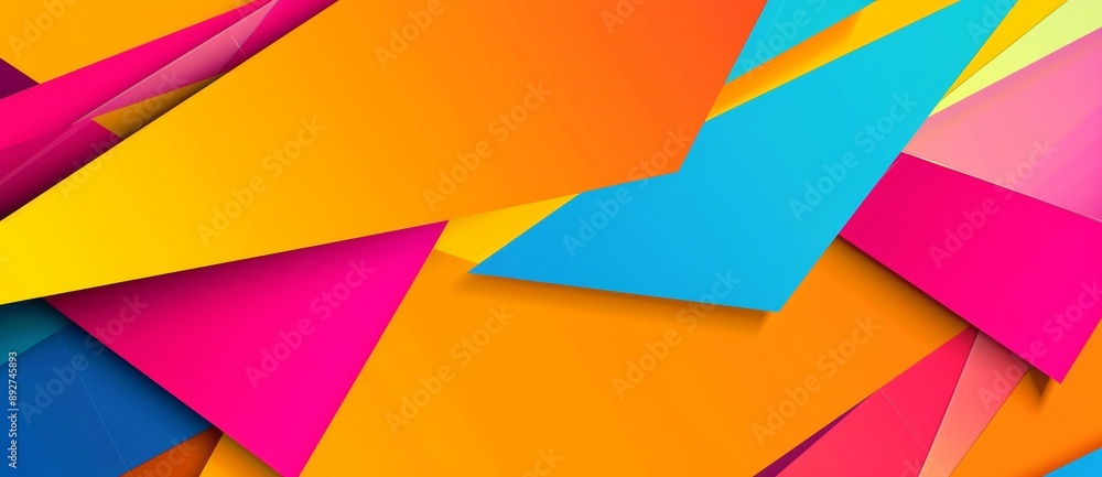 Poster vibrant and dynamic composition featuring overlapping triangles in a spectrum of colors, creating a 