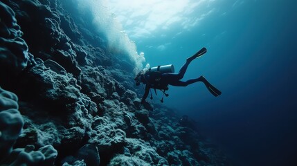A scuba diver equipped with diving gear swims near a coral reef, discovering the colorful underwater environment. The scene is serene with sunlight reflecting off the coral formations.