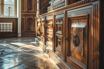 Sunlight filtering through windows onto rich, detailed wooden panels and floors