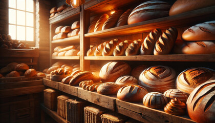 various assortment of breads on the wooden shelves of old bakery