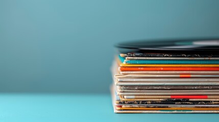 A pile of vibrant and colorful vinyl records neatly stacked against a bright blue background, representing a love for music, collecting, and artistic expression.