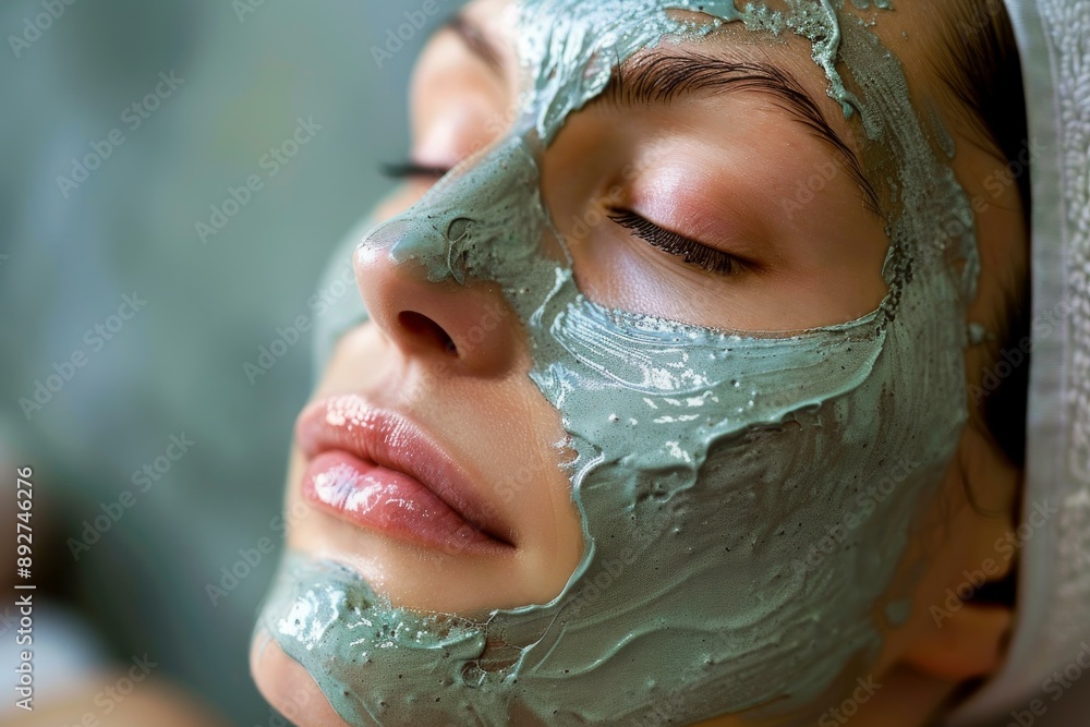 Poster closeup of a serene woman enjoying a soothing green facial mask treatment for skincare