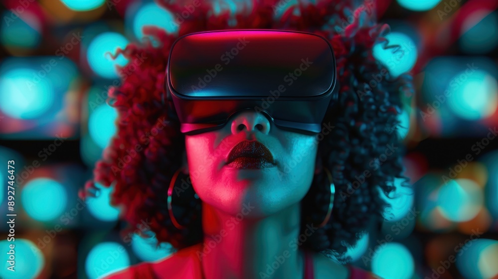 Poster a user is engaged in a captivating experience with a vr headset on, surrounded by a mesmerizing back