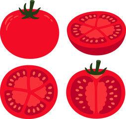 Hand drawn cartoon tomato set. Whole vegetable and cross section cut. Isolated clip art illustration.