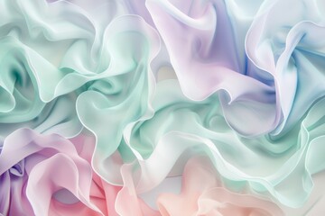 Fototapeta premium Flowing pastel fabric in pink, green, and blue creates a serene wave-like background, perfect for adding creativity to designs. Ideal for fashion, weddings, or romantic themes