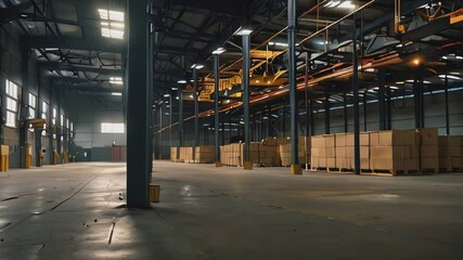 A large, empty industrial warehouse with an overhead crane and pallets of cardboard boxes stacked against the far wall - Powered by Adobe