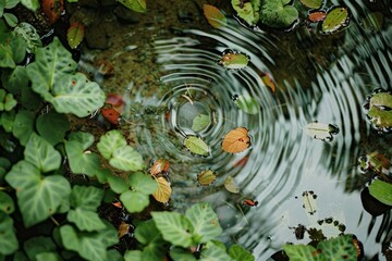 Overhead view of a tranquil pond surface dotted with vibrant green leaves and a single water droplet creating ripples
