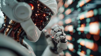 Fototapeta premium A close-up view of a robot's head featuring illuminated interface lights, representing advanced artificial intelligence and high-tech developments in robotics and cybernetics.