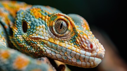 This close-up image showcases the intricate patterns and vibrant colors of a gecko's skin, focusing on its detailed eye, representing the beauty and complexity of wildlife.