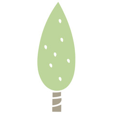 A simple, stylized green tree with a pointed leaf shape and white dots on the leaves, featuring a light brown trunk with a spiral design. The background is plain white