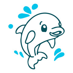 A cartoon-style dolphin jumping out of the water with splashes around it. The dolphin has a rounded body, a smiling face, and large eyes, depicted in a simple line art style with blue accents