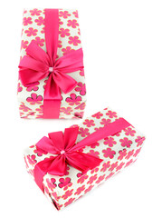 Set of gifts in festive packaging isolated on white. Collage. Free space for text. Vertical photo.