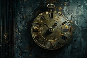 Fototapeta premium Vintage pocket watch with roman numerals against a dark, weathered backdrop