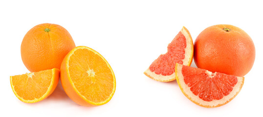 Grapefruit and Orange fruit isolated on white. Collage. Free space for text. Wide photo.