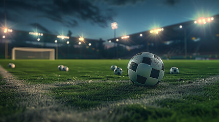 Multiple soccer balls scattered on a professional stadium field under bright floodlights, highlighting preparation for a big match or training session.