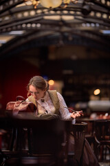beautiful woman scientist in retro style with smoking pipe