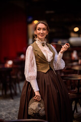 beautiful woman scientist in retro style with smoking pipe