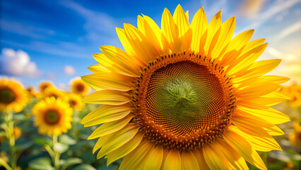 Obraz premium Close-up of vibrant sunflower in field under blue sky