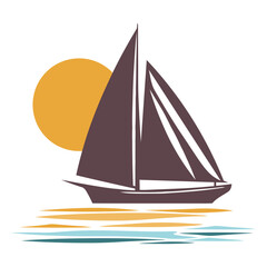 A sailboat with a dark hull and white sails is positioned in front of a large yellow sun. The water is depicted with light blue and turquoise waves, reflecting the colors of the sky. 