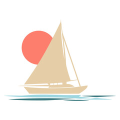 A sailboat with a beige sail is on calm water, with a large, coral-colored sun setting in the background. 