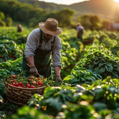 Farmer Harvesting Crops in a Lush Field
