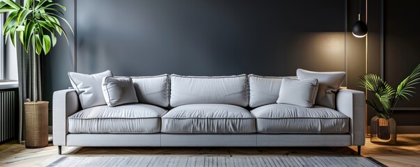 Chic living room interior with a sophisticated sofa against a deep gray wall, adorned with stylish decor and soft, ambient lighting, creating a warm and inviting