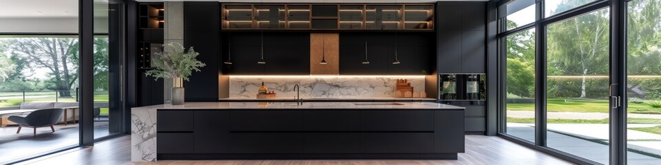 Contemporary kitchen with matte black cabinets, marble island, and large windows. Stunning, crisp, vivid, detailed, high-contrast, colorful, well-lit, sharp, realistic,