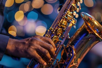 Obraz premium Detailed view of hands playing saxophone with bokeh light background
