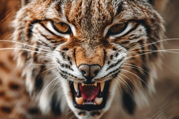 Fototapeta premium Intense closeup of a fierce lynx. A powerful and dangerous predatory wildcat. With snarling teeth and a threatening expression. In its natural habitat in the untamed wilderness
