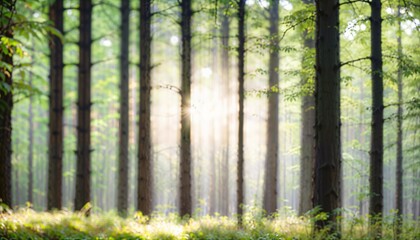 Obraz premium A blurred image of a serene forest with light filtering through the trees, creating a natural backdrop with copy space. Multiple variations available.