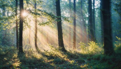 A blurred image of a serene forest with light filtering through the trees, creating a natural backdrop with copy space. Multiple variations available.