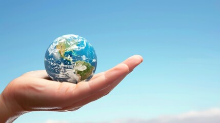 Hand Holding Globe Against Blue Sky Background