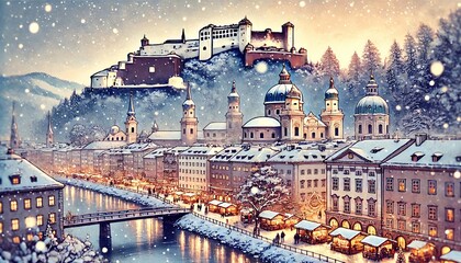 Fototapeta premium A winter scene in Salzburg, with Hohensalzburg Fortress overlooking snow-covered city and festive markets.jpeg