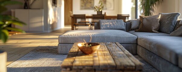 Warm living room with a plush gray couch, a rustic wooden coffee table, and a sleek dining area, bathed in the soft glow of afternoon sunlight.