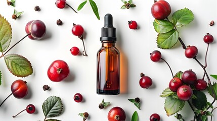 a refined dropper bottle in a warm amber hue, laid out with rosehip berries and foliage, nature and purity, skincare essentials 