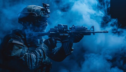 A soldier in tactical gear aiming a rifle in a smoke-filled environment, exuding intensity and focus in low light.
