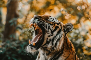 Closeup of a fierce tiger midroar amidst an autumnal forest backdrop