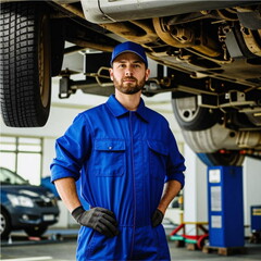 Car mechanic worker wearing a blue uniform and a cap, standing under the car in a modern garage room, and repairing or fixing automobile vehicle parts. Technician service and maintenance occupation