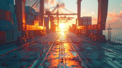Port pier with lots of cranes and containers are waiting for cargo ship. Industrial zone at sunset