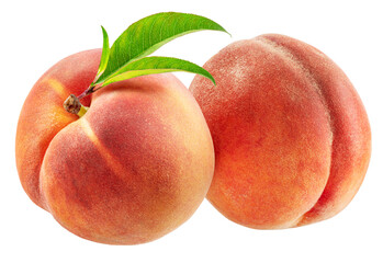 Ripe red peaches with green leaf isolated on white background. File contains clipping path.