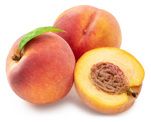 Ripe red peaches with juicy peach slice and green leaf isolated on white background. Clipping path.