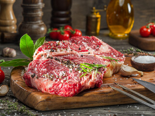 Raw beef steaks with herbs and spices ready for cooking are on wooden board.