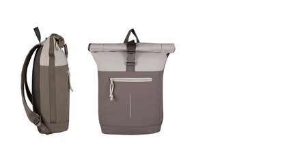 Closeup of brown roll-up lunch bags, isolated on white copy-space background.