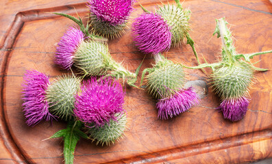 Milk thistle flower heads on wooden cutting board. Top view.